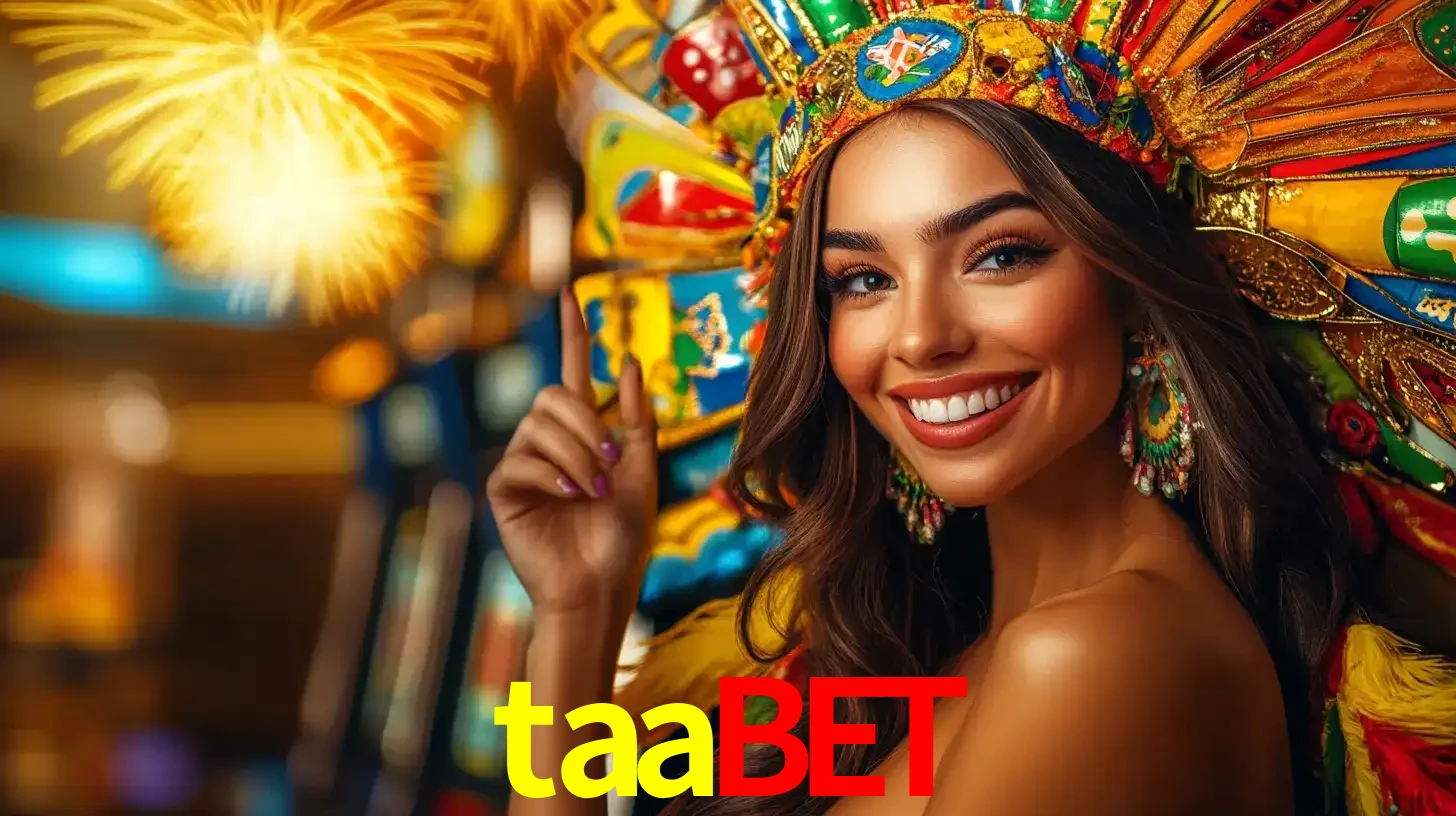 Mulher sorridente com um cocar de carnaval vibrante e colorido, celebrando uma grande vitória nos jogos do cassino taabet com fogos de artifício ao fundo.