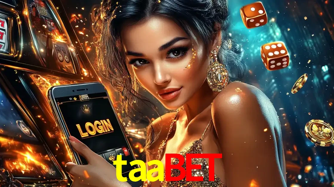 Mulher glamourosa segurando um celular com a tela de login do cassino taabet, rodeada por dados e moedas douradas, pronta para começar a diversão.