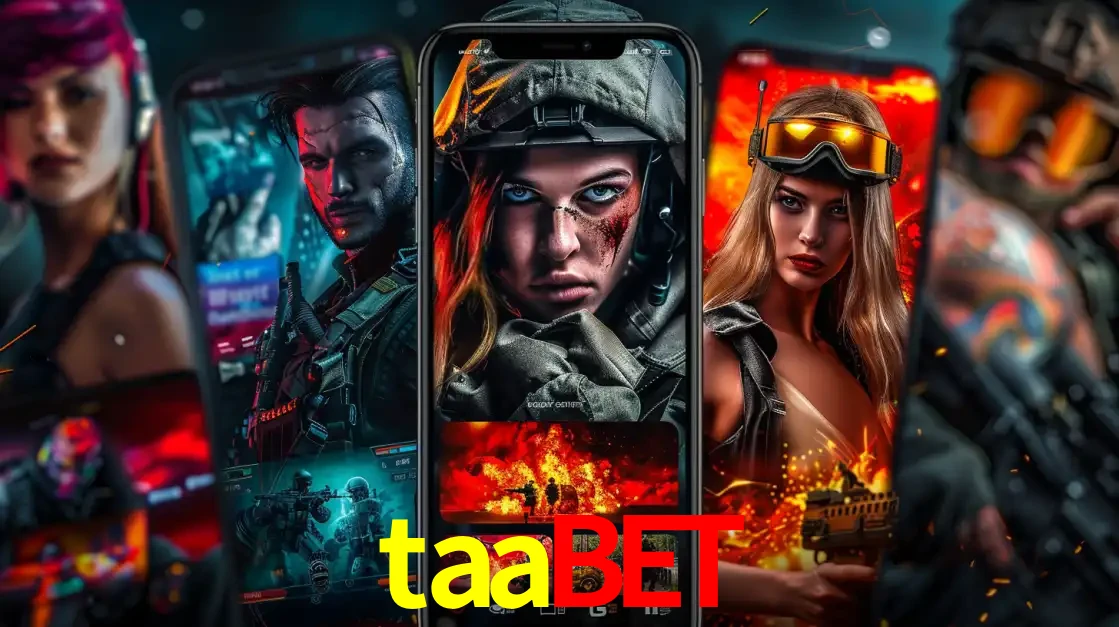 Montagem de telas de celular mostrando diversos personagens, masculinos e femininos, de um jogo de tiro, ilustrando a diversidade de equipes de e-sports para apostar no taabet.