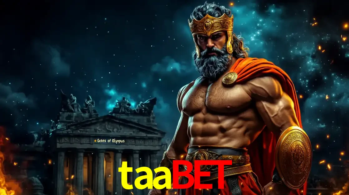 O poderoso Zeus do jogo de slot Gates of Olympus em frente ao seu templo, pronto para lançar multiplicadores divinos e prêmios épicos no cassino online taabet.