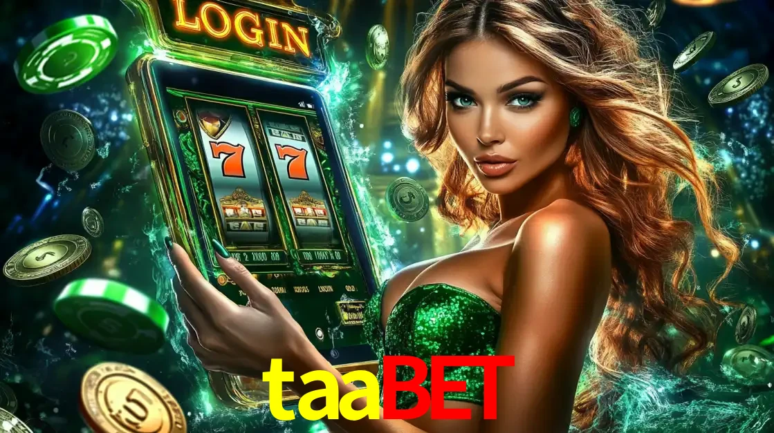 Mulher com tema verde apresentando o aplicativo do cassino taabet com um jogo de slot de 777, cercada por fichas de cassino e uma aura de sorte.