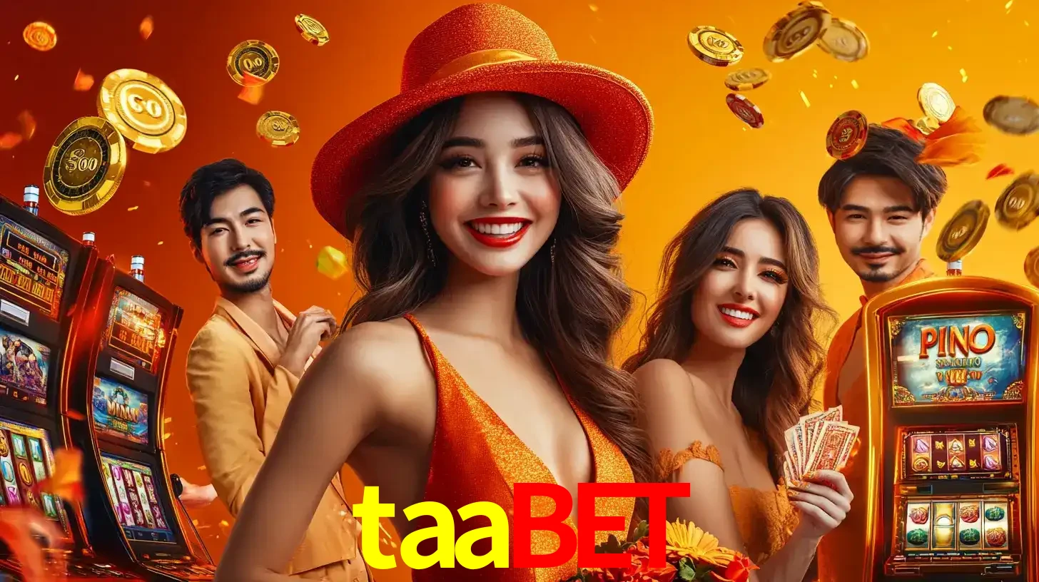 Grupo de amigos asiáticos sorrindo e se divertindo com máquinas de caça-níqueis em um ambiente festivo, celebrando suas vitórias nos jogos de cassino do taabet.