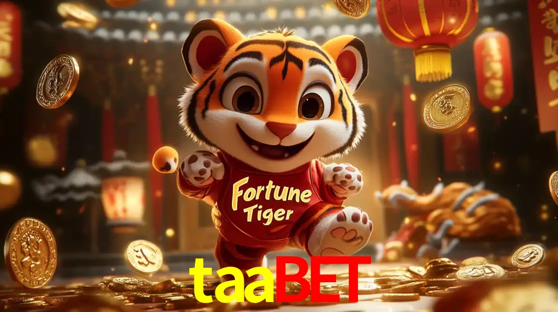 O alegre personagem do Fortune Tiger correndo sobre um caminho de moedas de ouro, simbolizando os grandes prêmios e a diversão do popular jogo de slot do taabet.