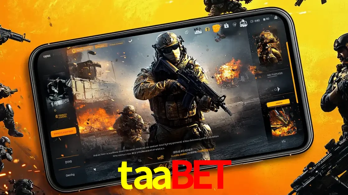 Um smartphone exibindo a interface de um jogo de tiro em primeira pessoa, com um soldado em um cenário de batalha, representando a ação dos e-sports para apostar no taabet.