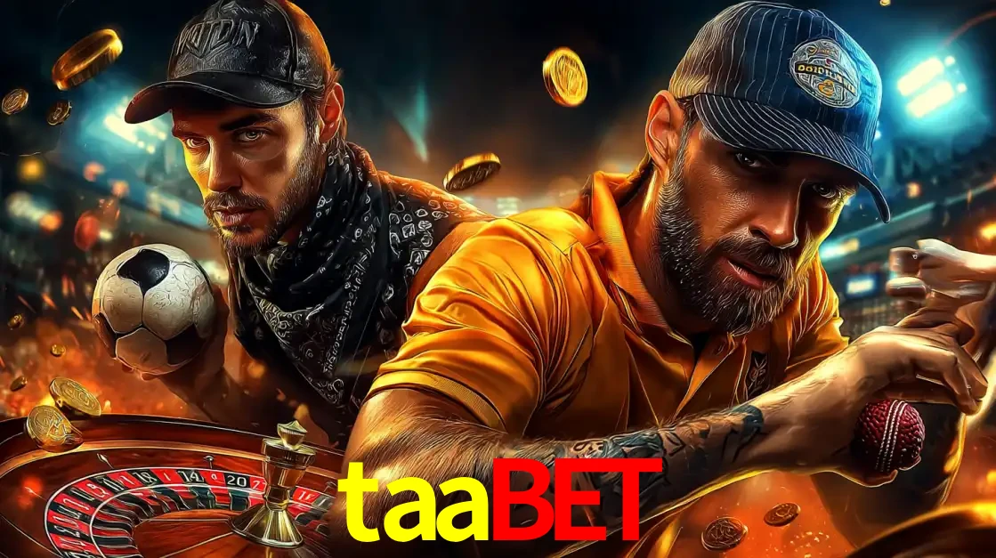 Montagem de apostas esportivas e cassino no taabet, com um homem segurando uma bola de futebol e outro uma de beisebol sobre uma roleta e moedas voadoras.