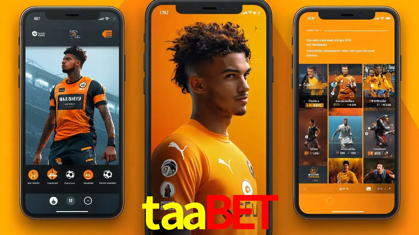 Interface do aplicativo de apostas esportivas taabet em três telas de celular, mostrando o perfil de um jogador de futebol e a lista de jogos disponíveis para apostar.