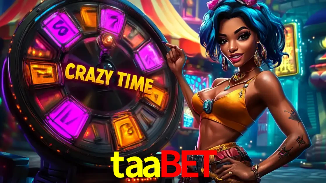 Mulher estilizada com cabelo azul e visual vibrante posando ao lado da roda de prêmios do game show Crazy Time, convidando para a diversão e os bônus do cassino taabet.