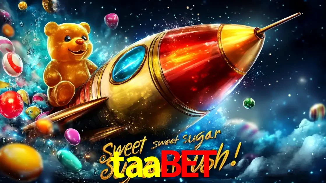 Arte promocional do jogo de slot Sugar Rush, com um urso de pelúcia em um foguete viajando pelo espaço de doces, um dos jogos divertidos disponíveis no cassino taabet.