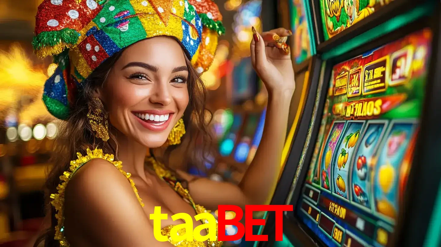 Mulher feliz com traje de carnaval amarelo e colorido ao lado de uma máquina de caça-níqueis, aproveitando a diversão e os jogos temáticos do cassino taabet.