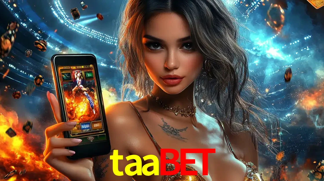 Mulher segurando um celular com um jogo de slot em destaque, tendo como fundo um estádio vibrante, simbolizando a emoção de jogar no cassino móvel taabet.