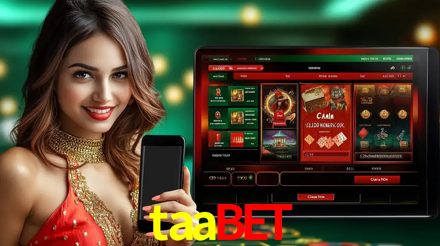 Mulher sorridente segurando um smartphone, ao lado de uma tela exibindo o lobby de jogos do cassino online taabet, com várias opções de jogos de cartas e slots.